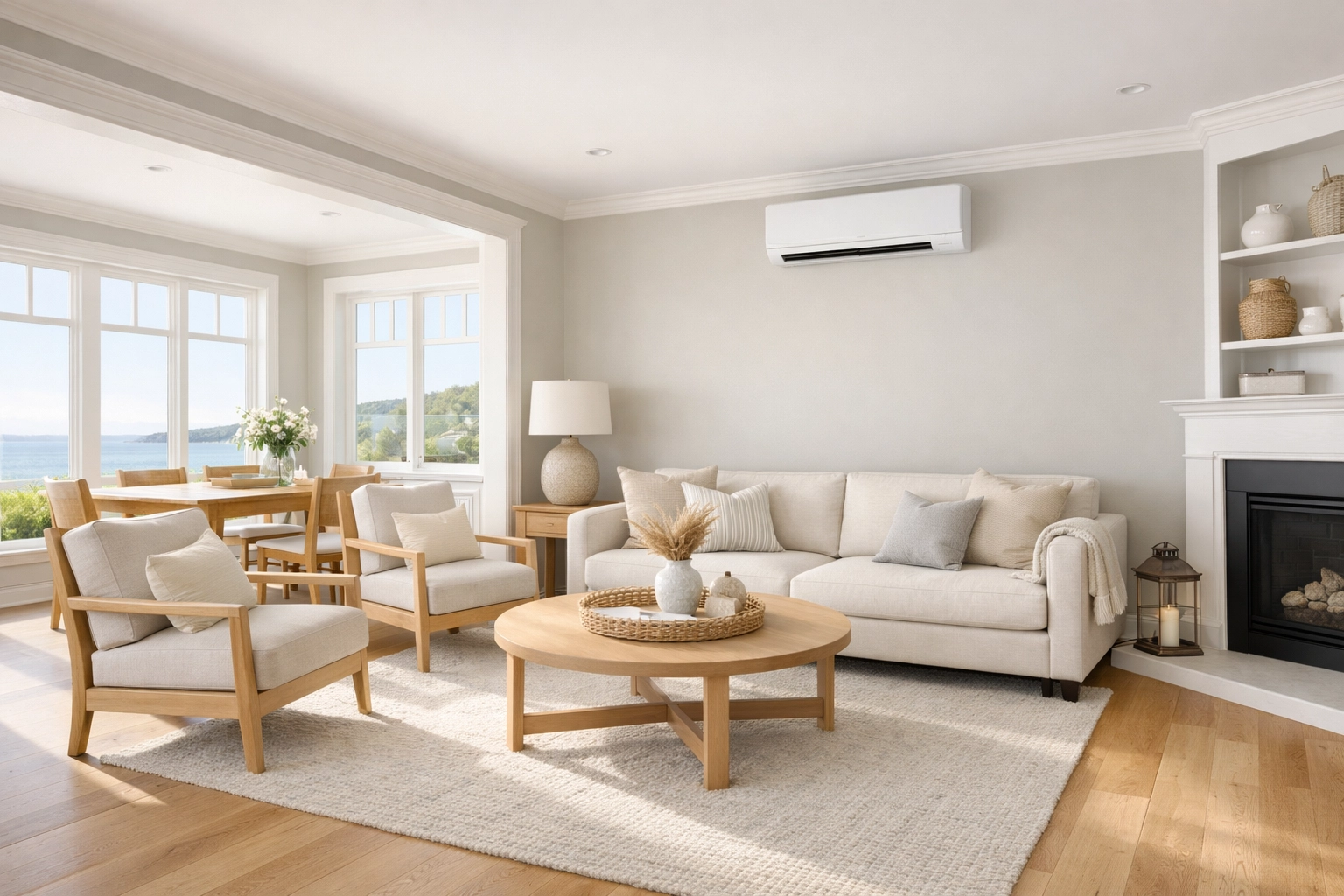 Modern Maine living room featuring a discreetly installed ductless mini-split wall unit.