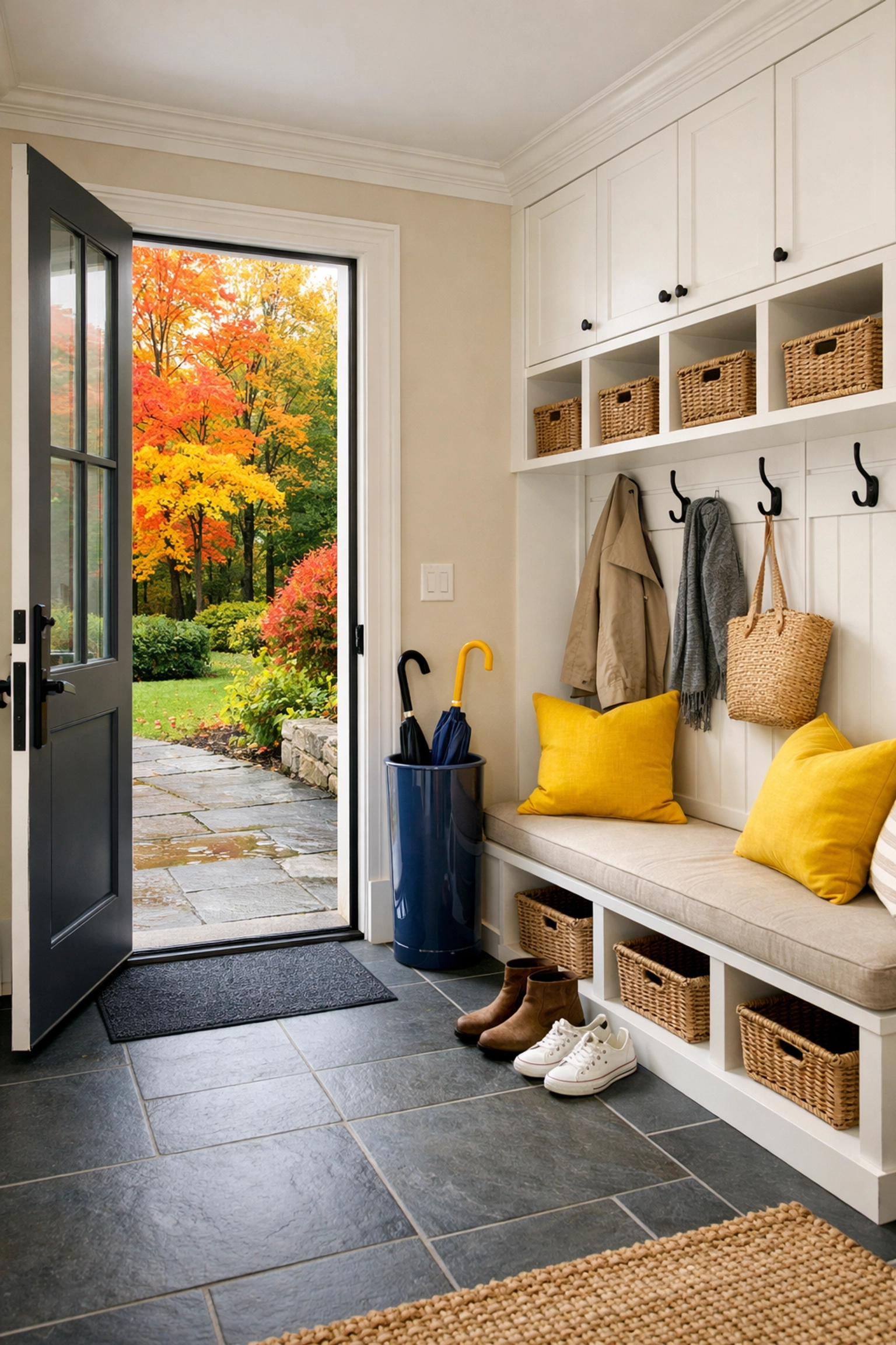 Clean Concord estate mudroom with spotless slate floors and organized white cabinetry during the autumn season.