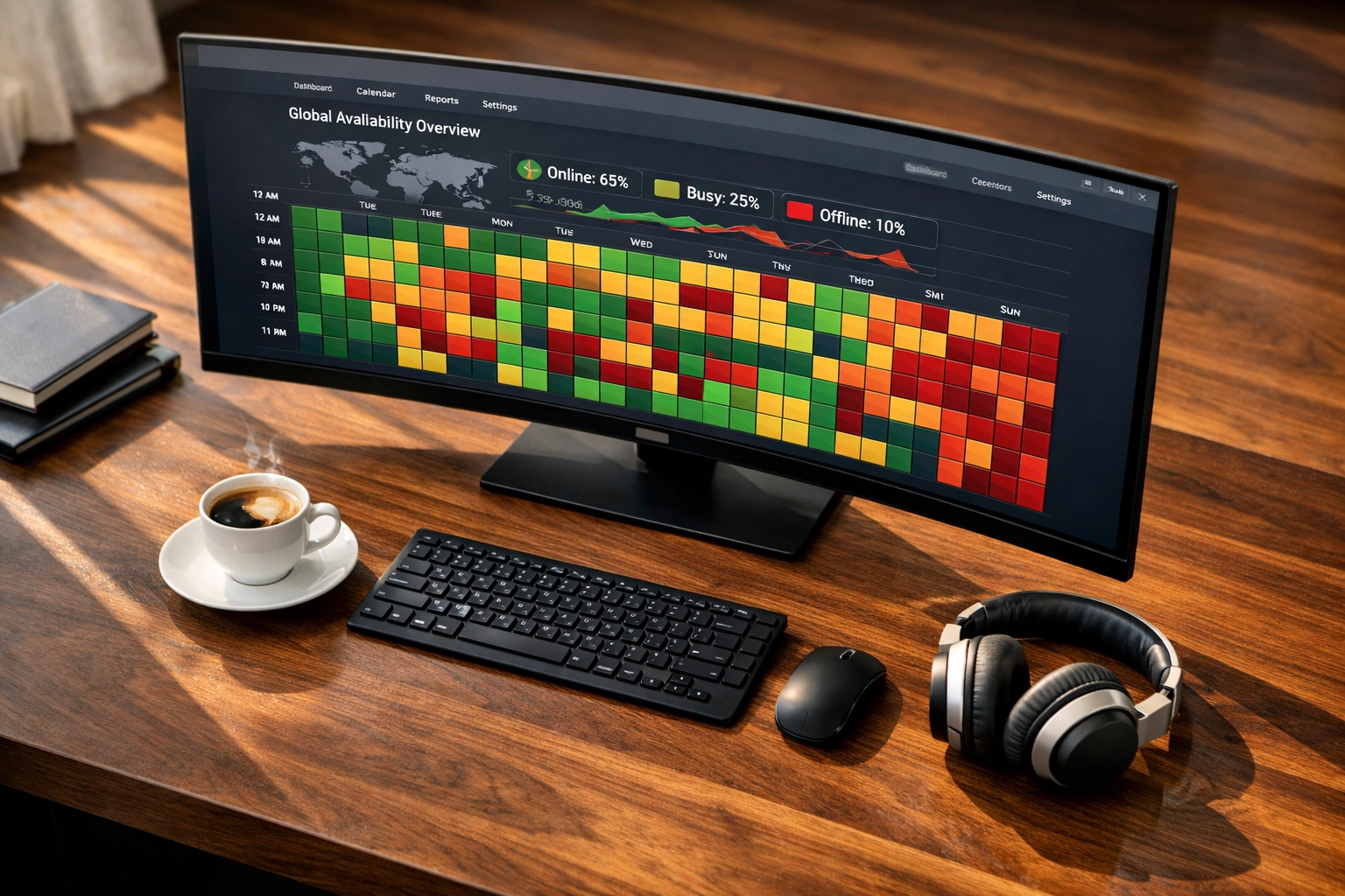 A professional meeting scheduler dashboard on a wide monitor with a global availability heat map.