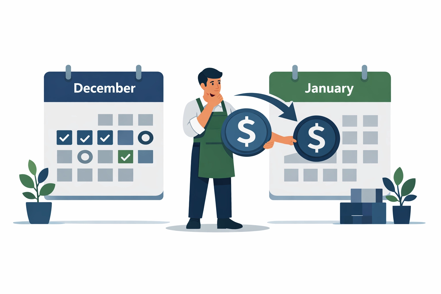Small business owner strategically timing income between months for year-round tax planning.