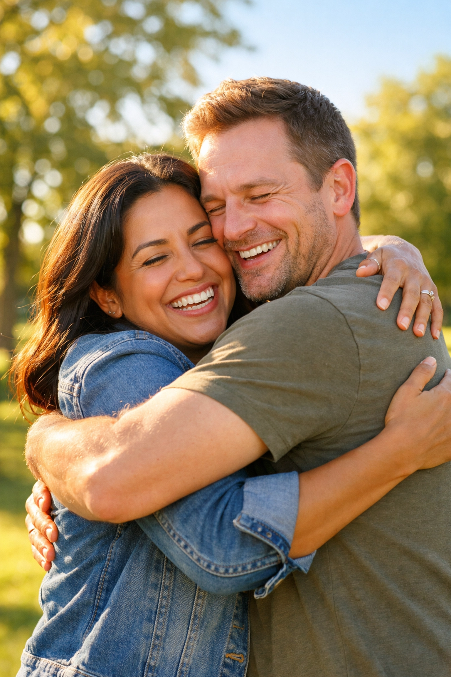 A joyful couple reunited in a park after winning an I-601A extreme hardship waiver case.