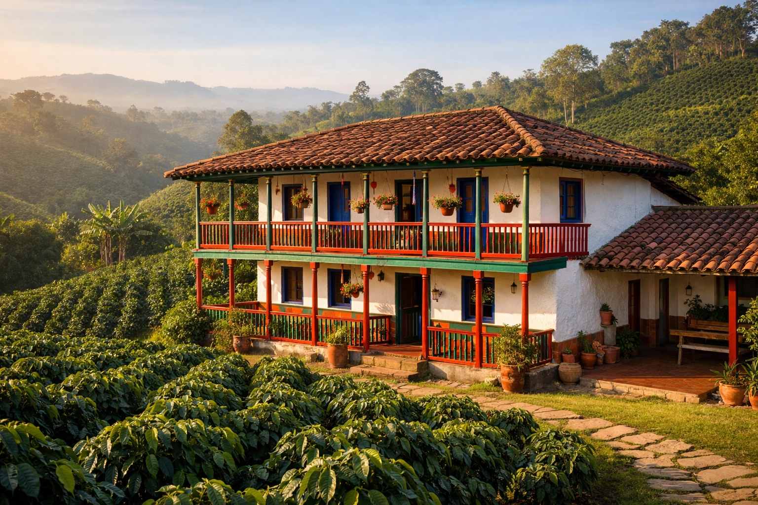 Traditional Eje Cafetero coffee finca with whitewashed walls, vibrant wooden balconies, and a red tile roof