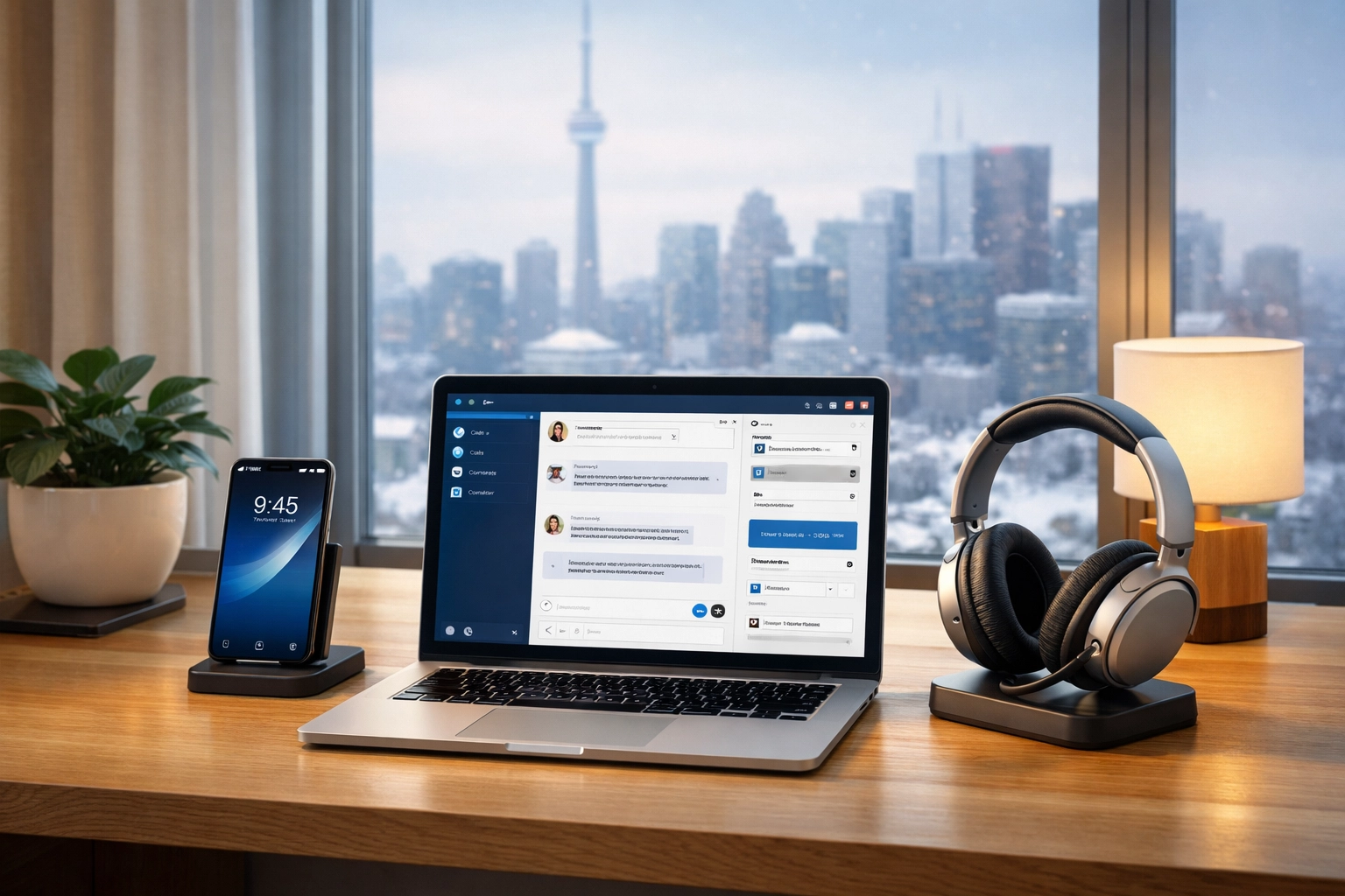 Professional remote workspace in Canada set up for business VoIP and cloud PBX integration.