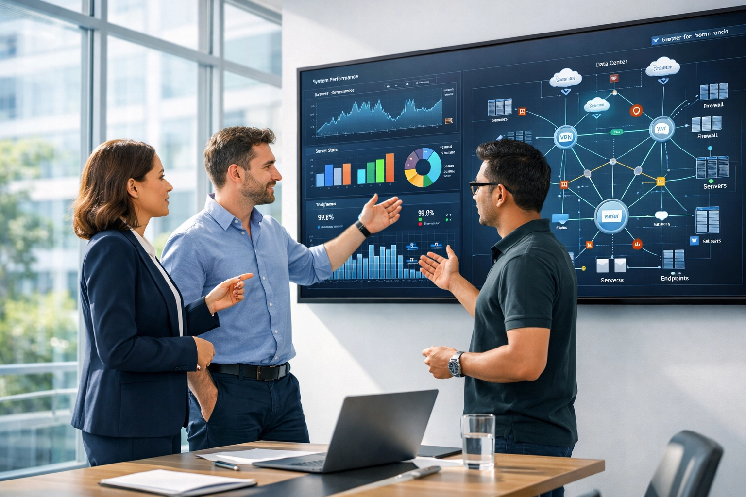ServiceNow implementation partners reviewing ITOM data dashboards in a collaborative high-tech workspace.