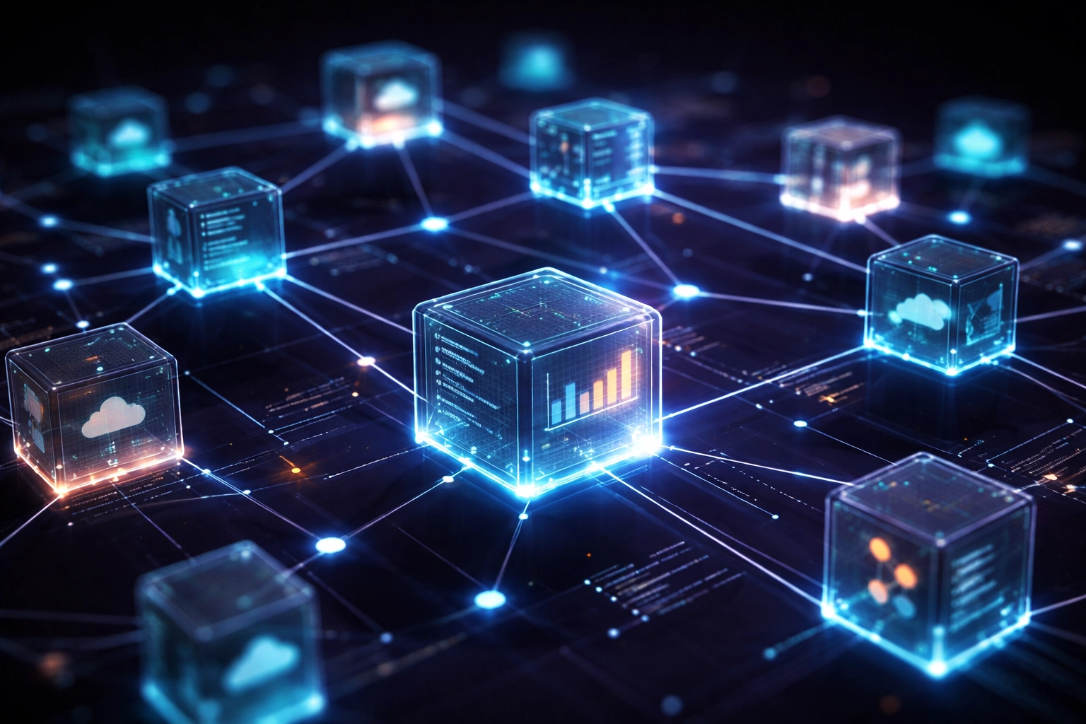 Connected data blocks representing schema markup and structured data for improved local SEO.