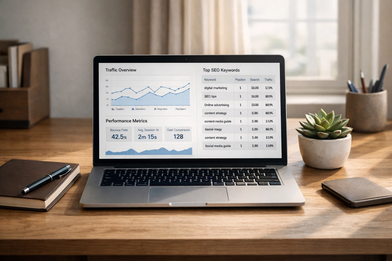 Website analytics dashboard showing SEO keyword rankings and performance metrics for UK business