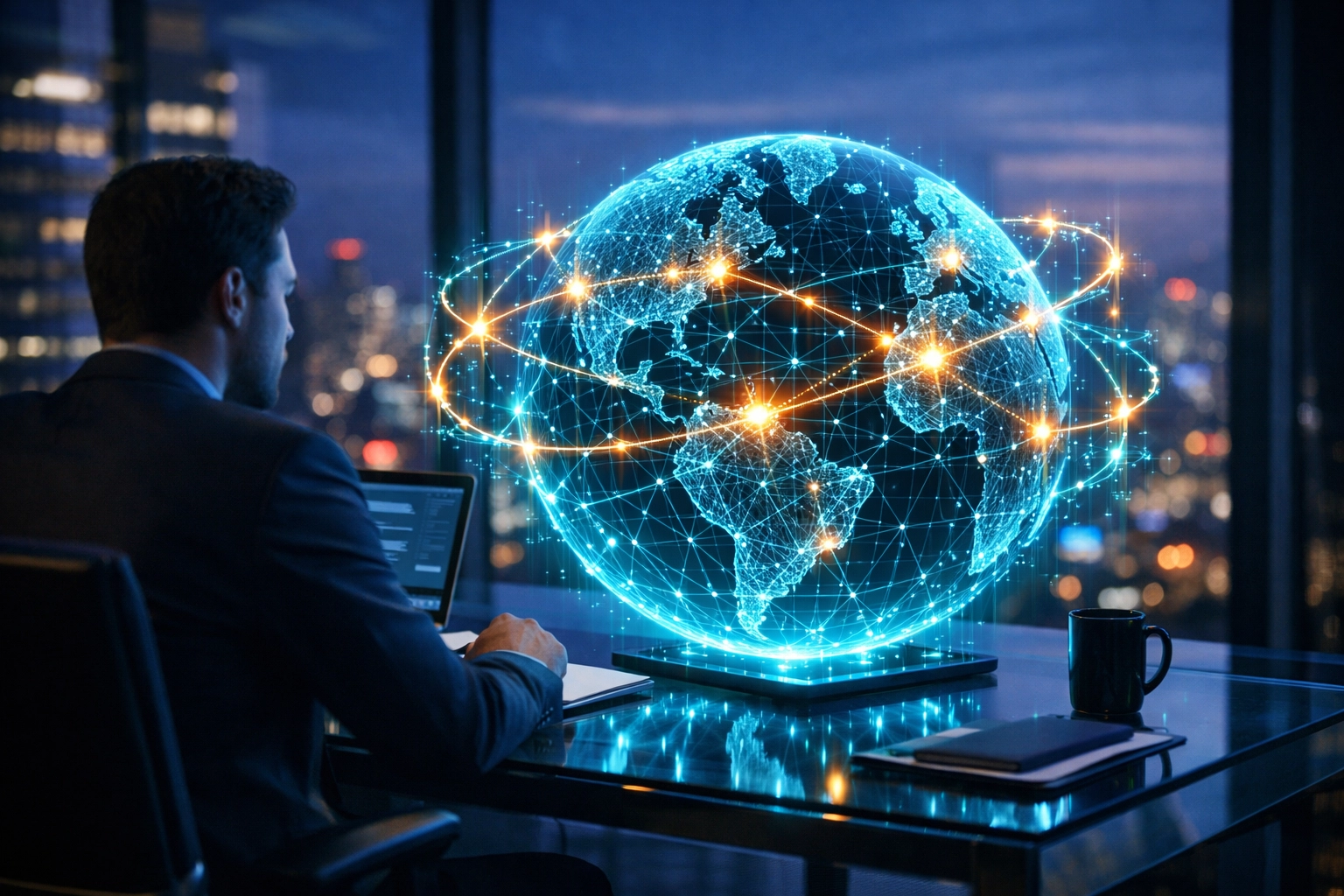 Modern professional monitoring a global business network hologram for secure SASE and SD-WAN connectivity in 2026.