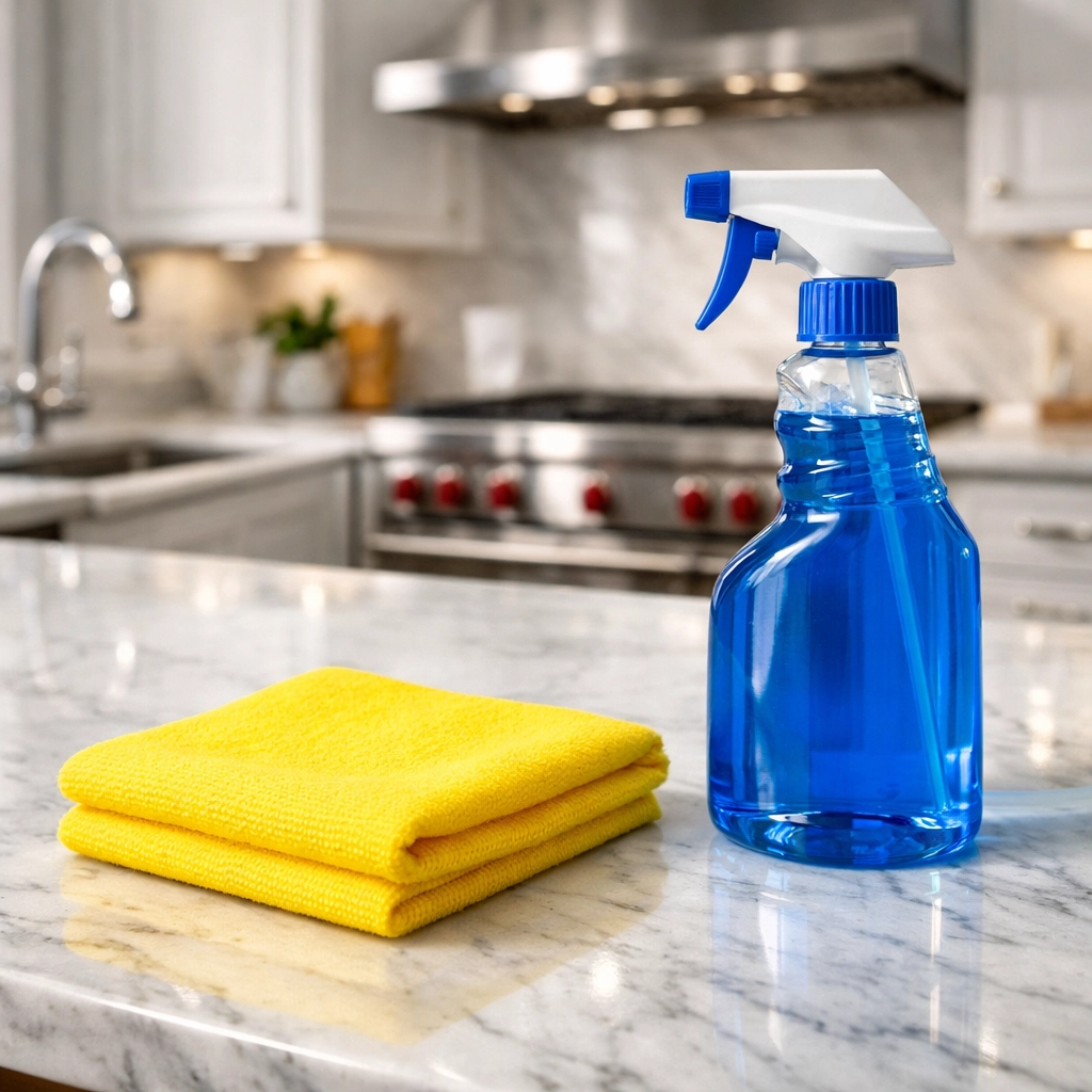 Marble kitchen island sanitized by a professional deep cleaning service in Westford.