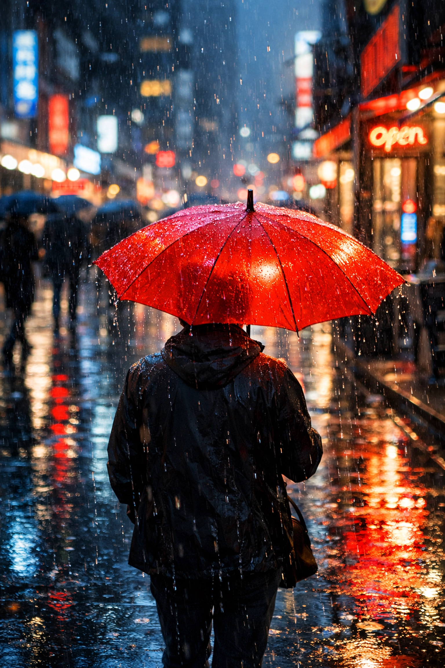 Creative street photography in the rain featuring a person with a red umbrella under city neon lights.
