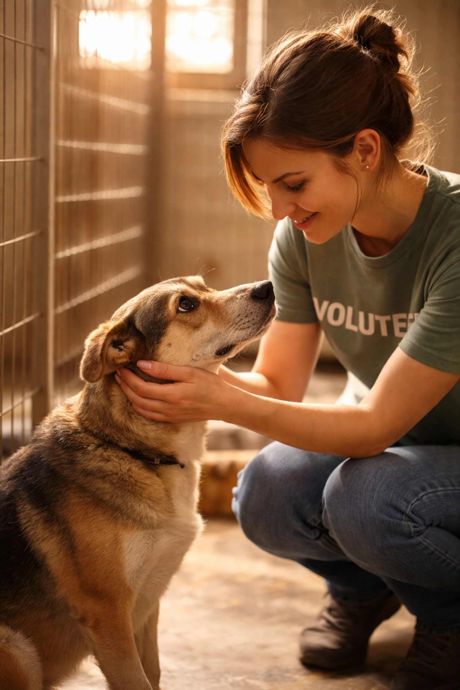 Volunteer kneeling and petting a shelter dog in a kennel, forming a trusting bond