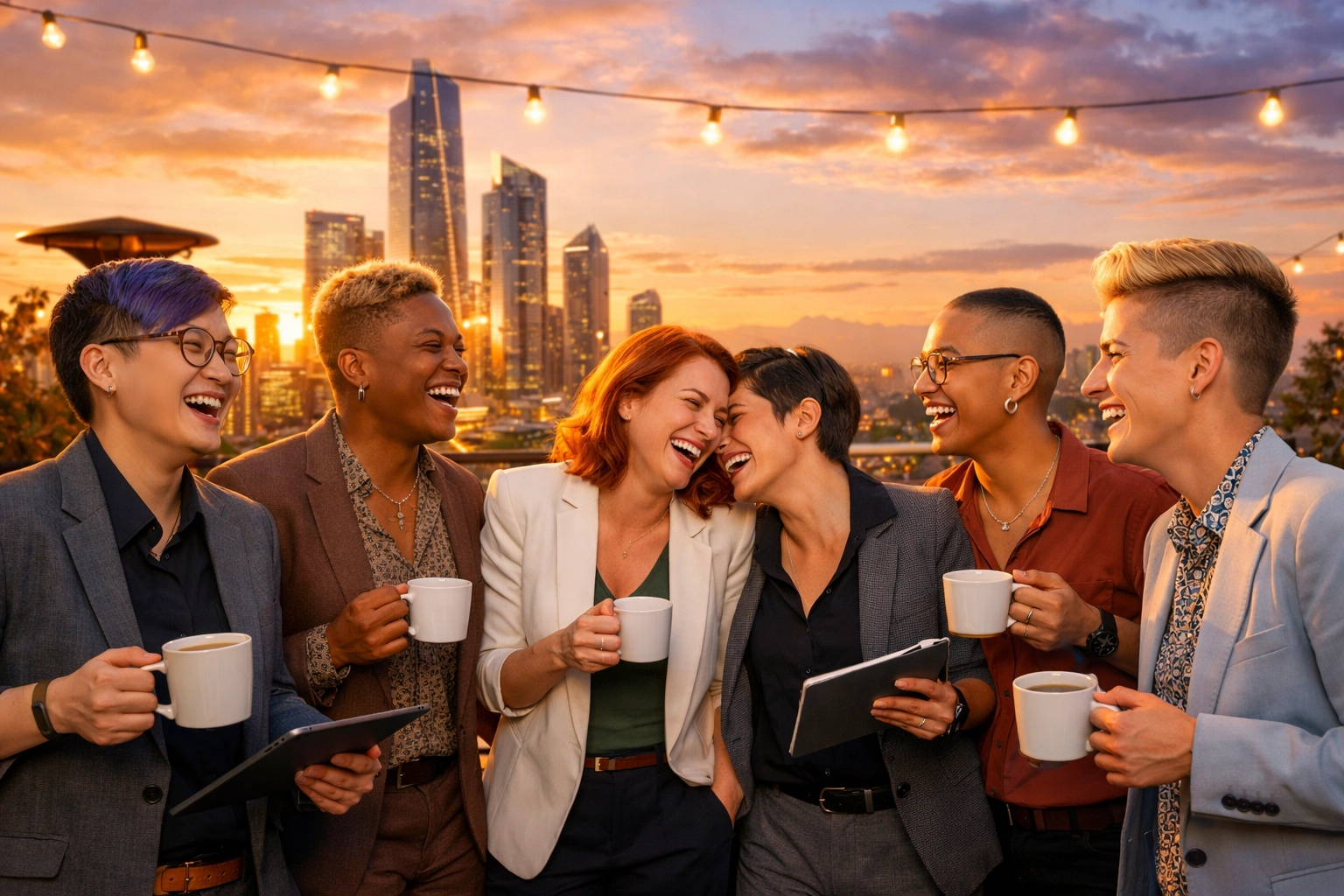 Diverse LGBTQ+ professionals celebrating queer joy and networking on a rooftop at sunset in an urban setting.