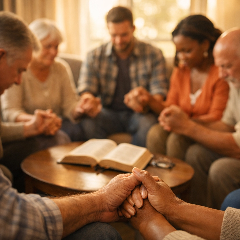 Diverse group holding hands in prayer circle during Christian support group session with Bible