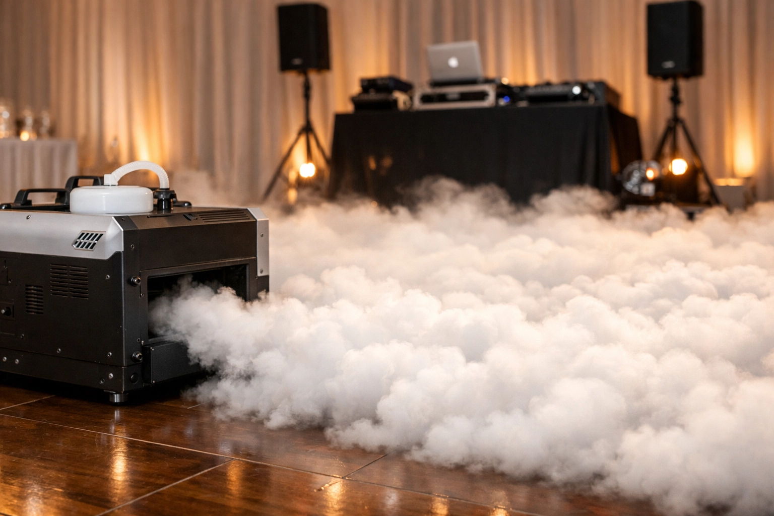 Professional low-lying fog machine creating a magical dancing on a cloud effect for a wedding reception.