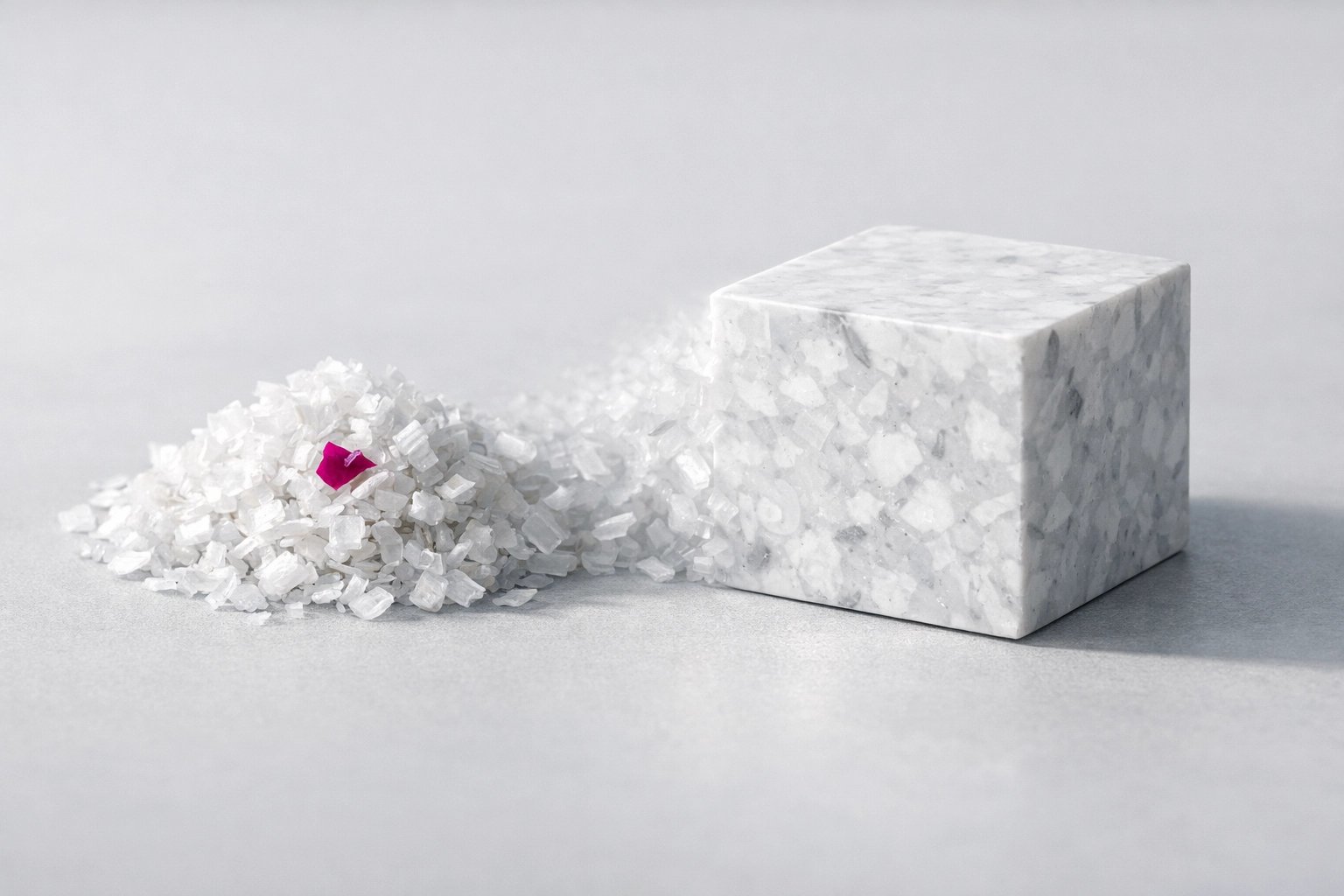 Transformation of shredded waste into a solid traceable recycled plastic sample for sustainable construction.