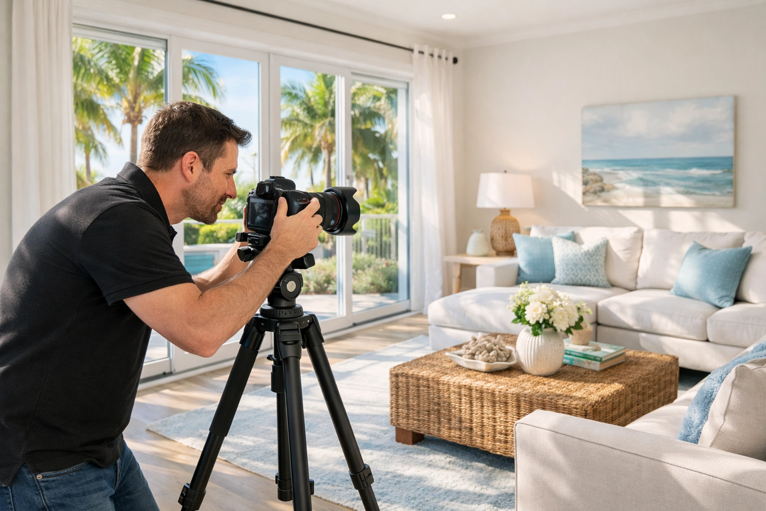 Real estate photographer capturing interior shots in a bright Florida home