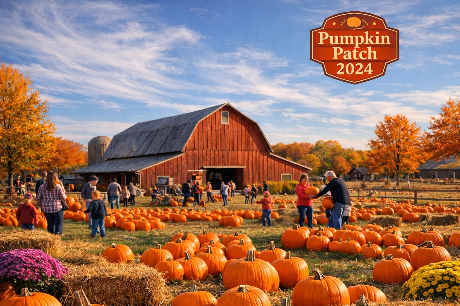 Families picking pumpkins at a local Summerville pumpkin patch on a sunny fall day