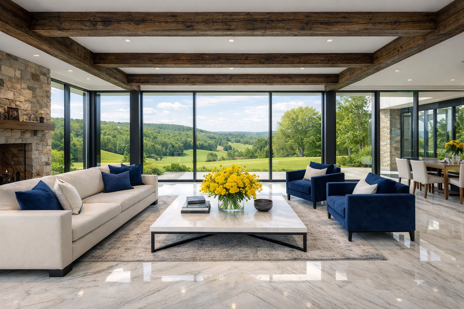 Luxurious Dover estate interior featuring polished quartzite flooring and high-end architectural finishes.