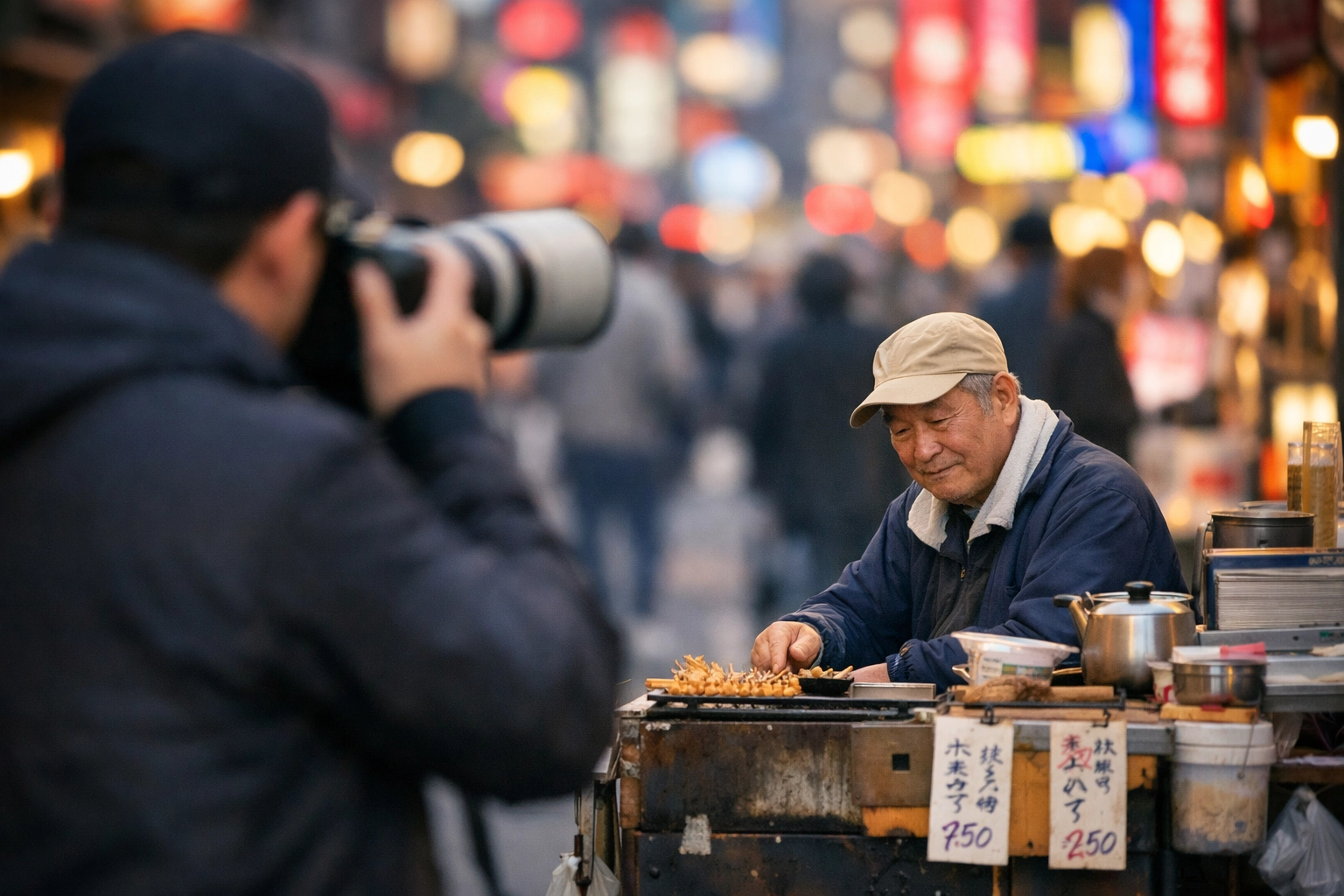 A photographer using a telephoto lens to capture an unposed street portrait of a vendor in Tokyo.