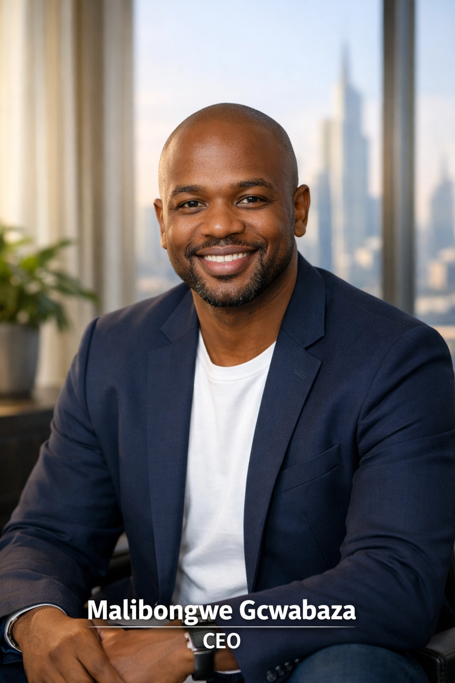 Malibongwe Gcwabaza, CEO and financial strategist, in a modern sun-lit office.