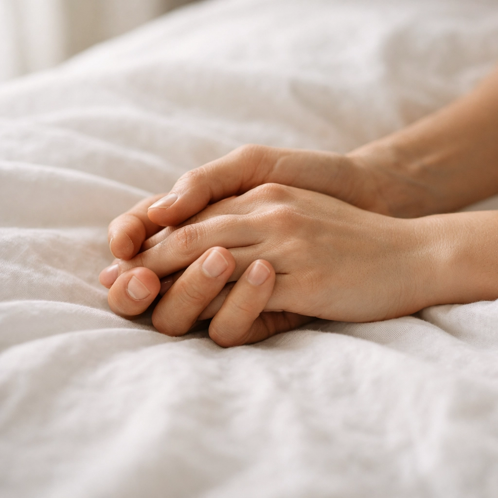 Close-up of hands on sheets representing sexual wellness in India and easing performance anxiety sex men.