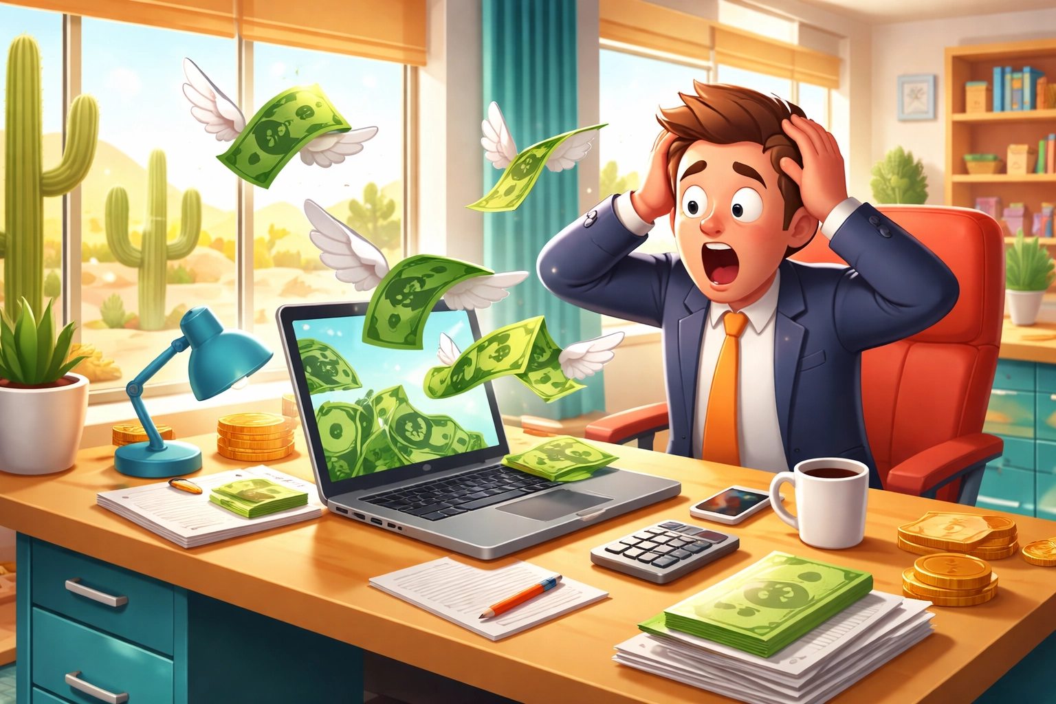 Frustrated Phoenix business owner losing money through laptop, highlighting IT budget drain and tech support needs