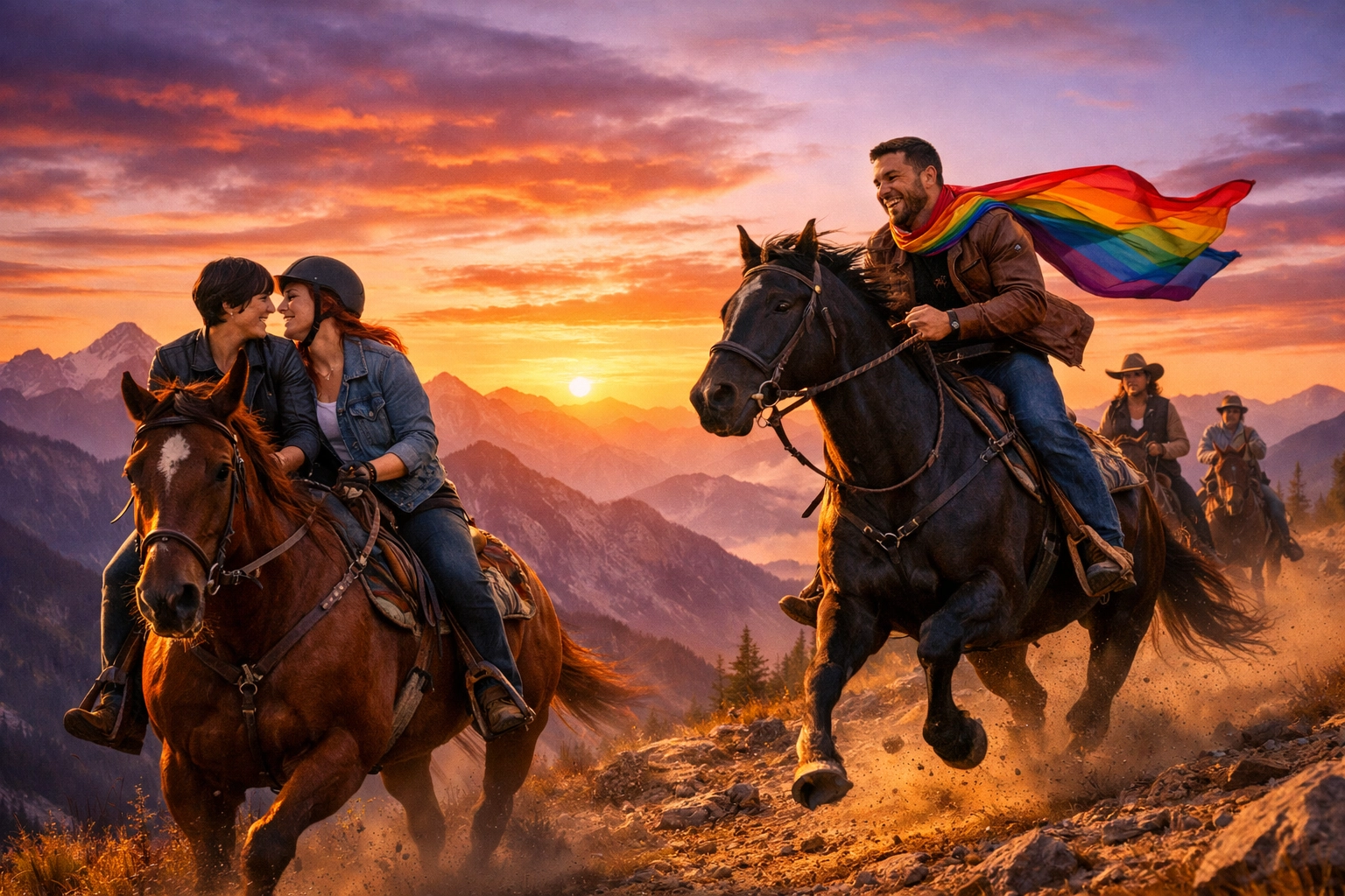 Diverse LGBTQ+ riders and a lesbian couple on a mountain trail ride at sunset, reclaiming nature.