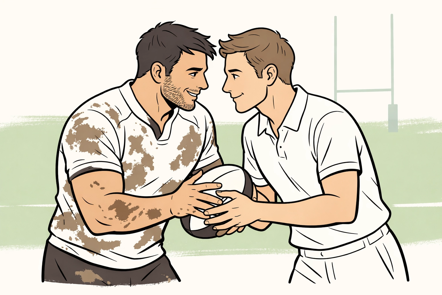 Gay rugby player teaching tennis athlete to pass a ball in intimate sports romance moment