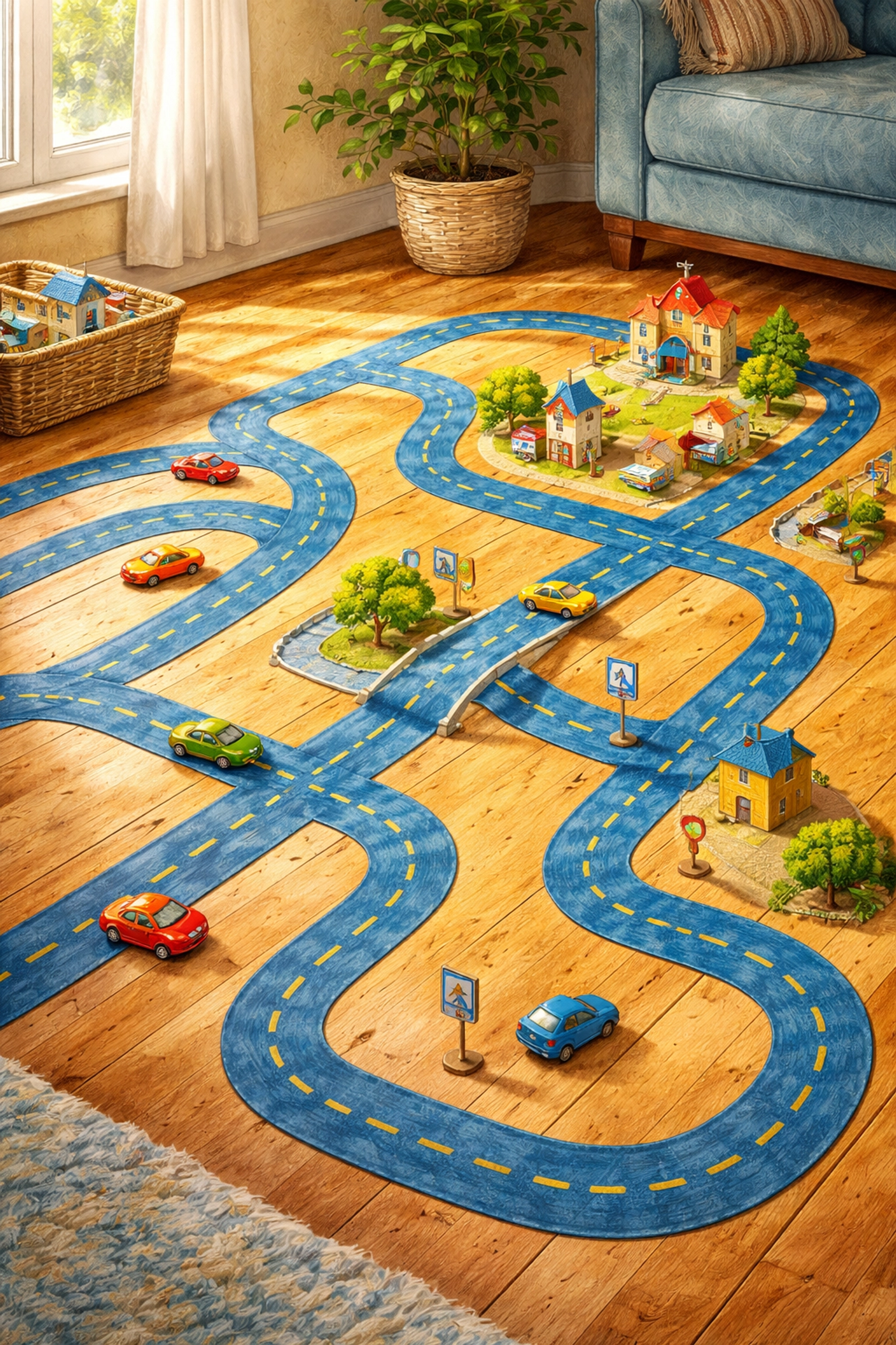 Whimsical living room scene with masking tape roads and toy cars, illustrating DIY road city activity for kids.