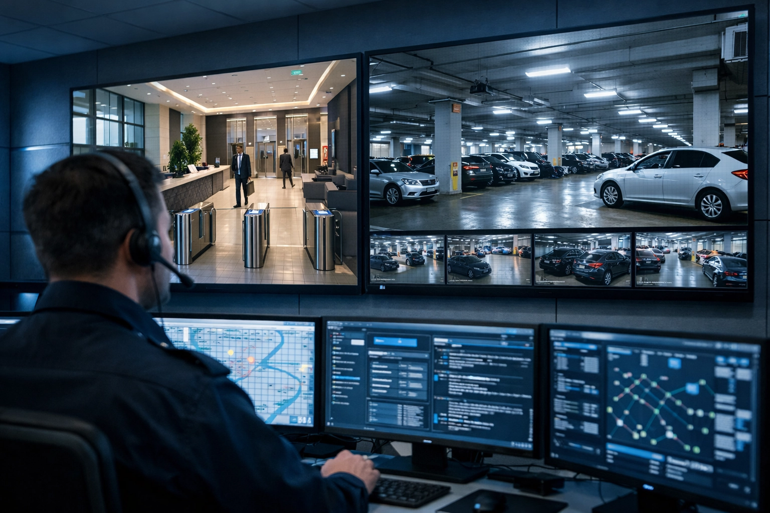 Expert CCTV monitoring services at a security operations centre viewing high-definition video feeds.