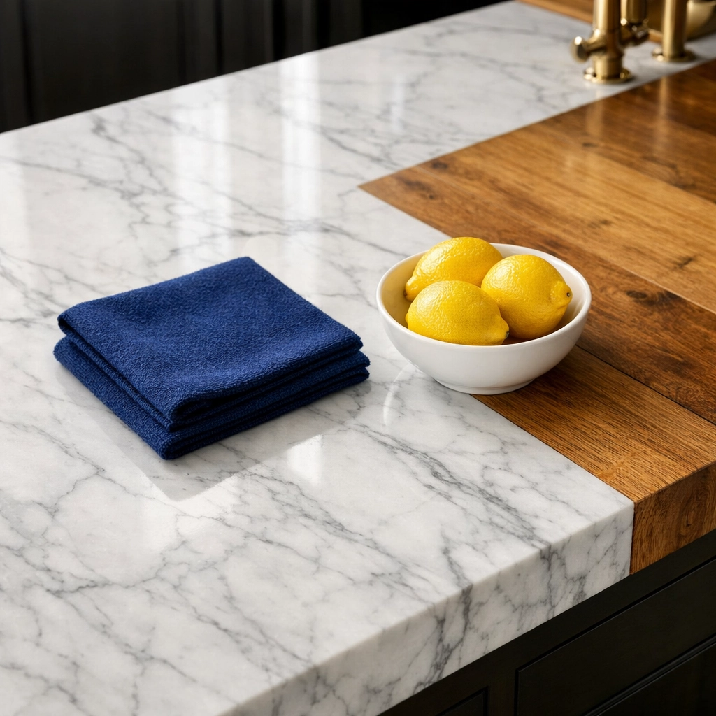 Close-up of pristine marble and hardwood surfaces cleaned with Lynnfield luxury home cleaning expertise.