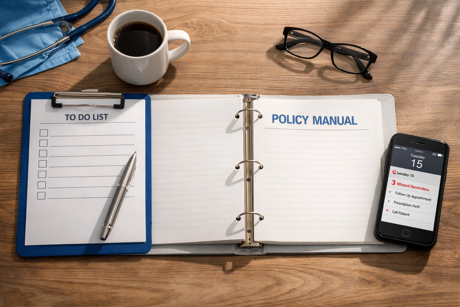 Claims Are Out, But the Money's Not In? 7 Hidden Reasons Your A/R Is Still a Mess Medical office desk with unused policy manual and missed A/R follow-up reminders