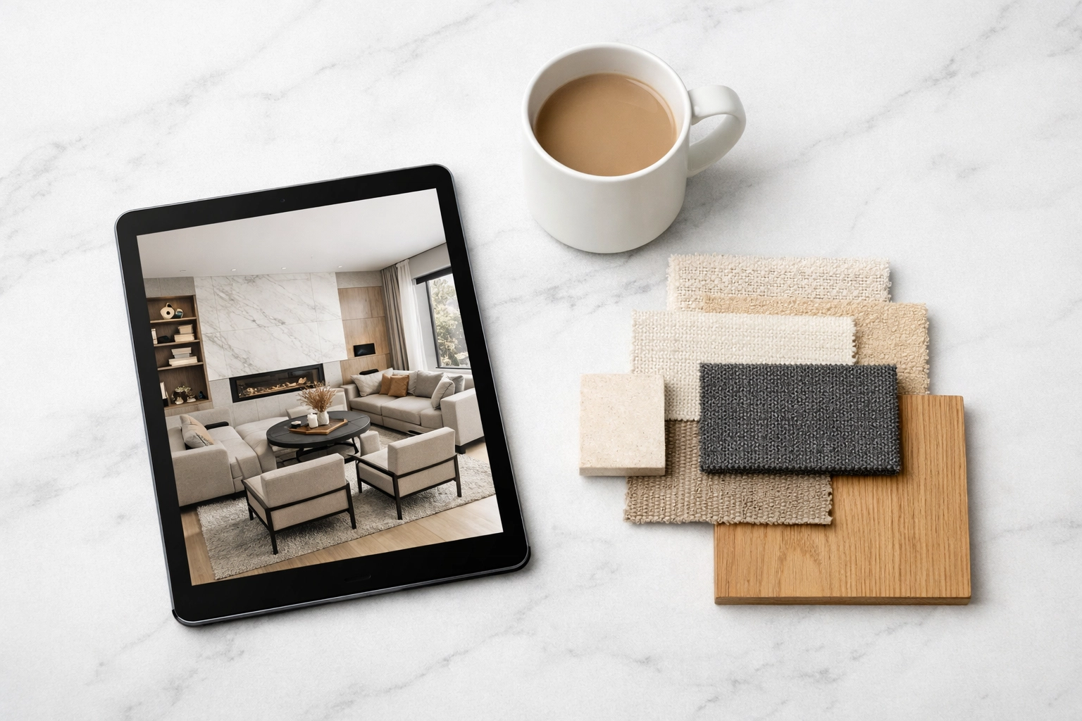 Professional interior design visual plan on a tablet with fabric swatches for a custom home transformation.