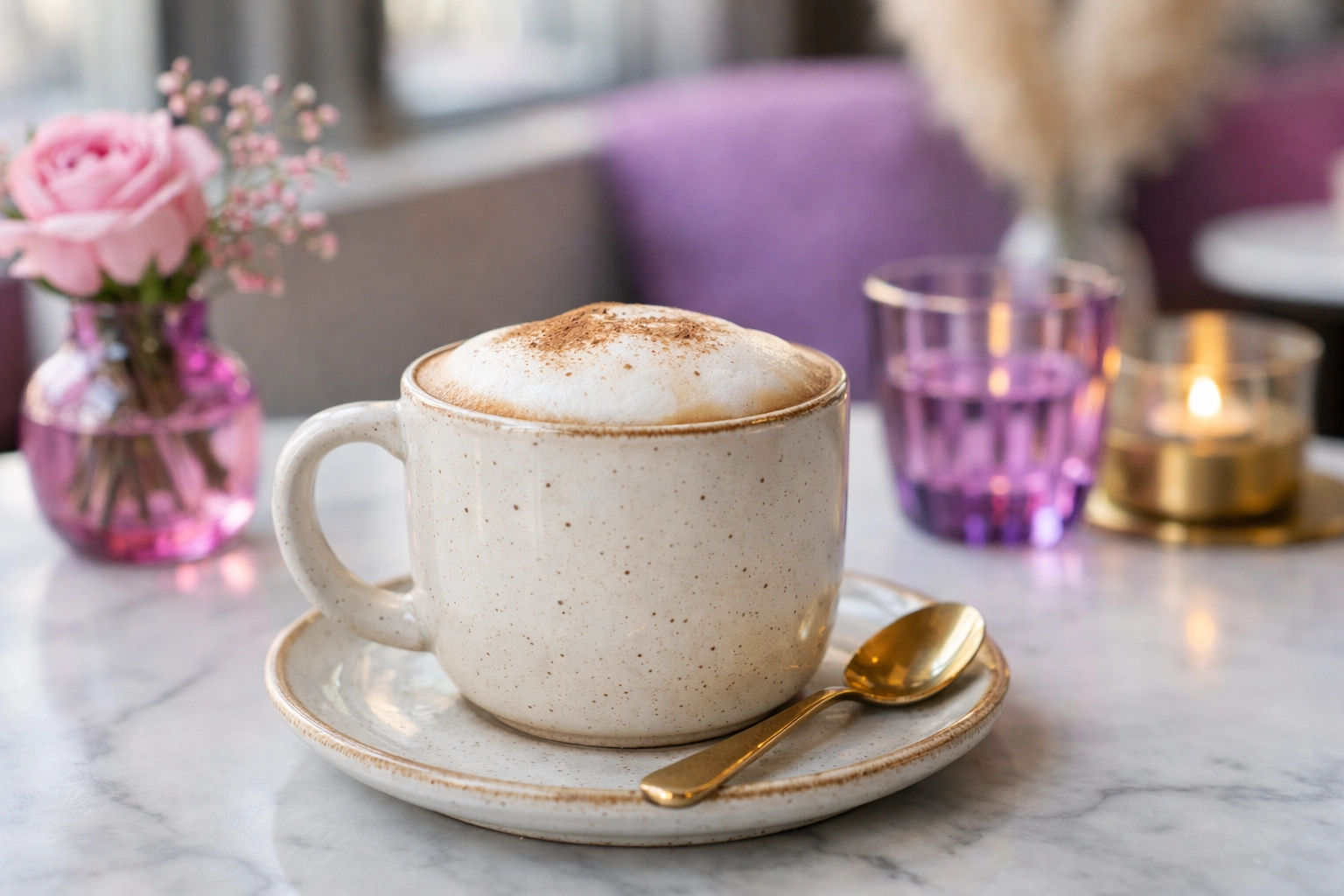Frothy cappuccino in a heavy ceramic mug on a chic café table, warm light and vibrant accents.
