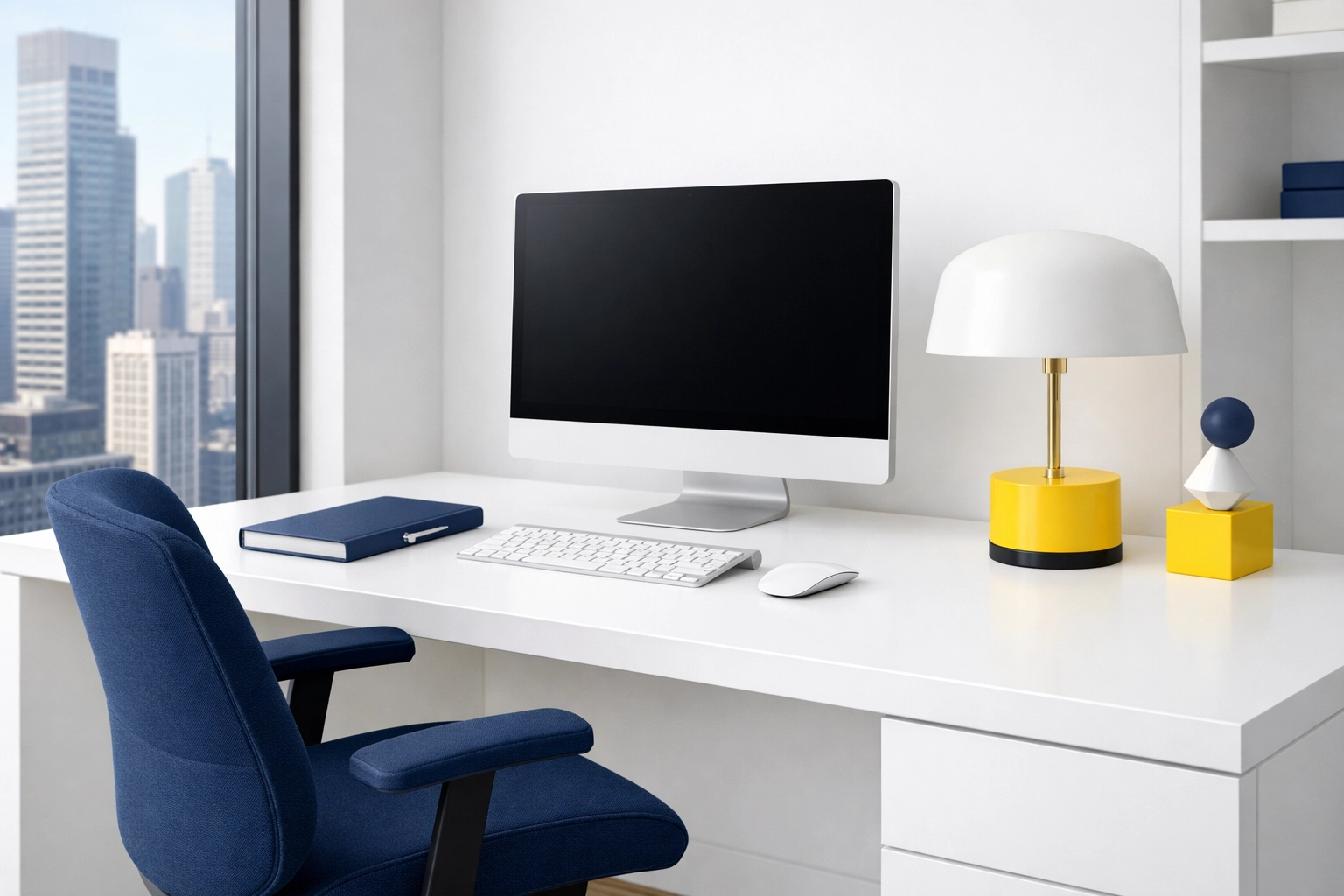 Clean home office in a Massachusetts apartment designed to improve focus and mental clarity.