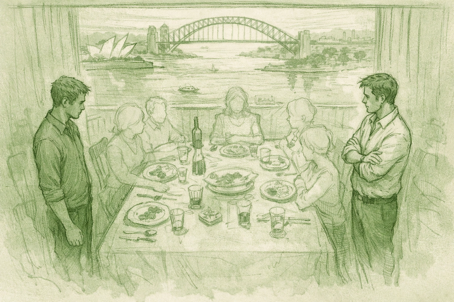 Step-brother romance tension at family dinner in Sydney Harbor MM contemporary fiction