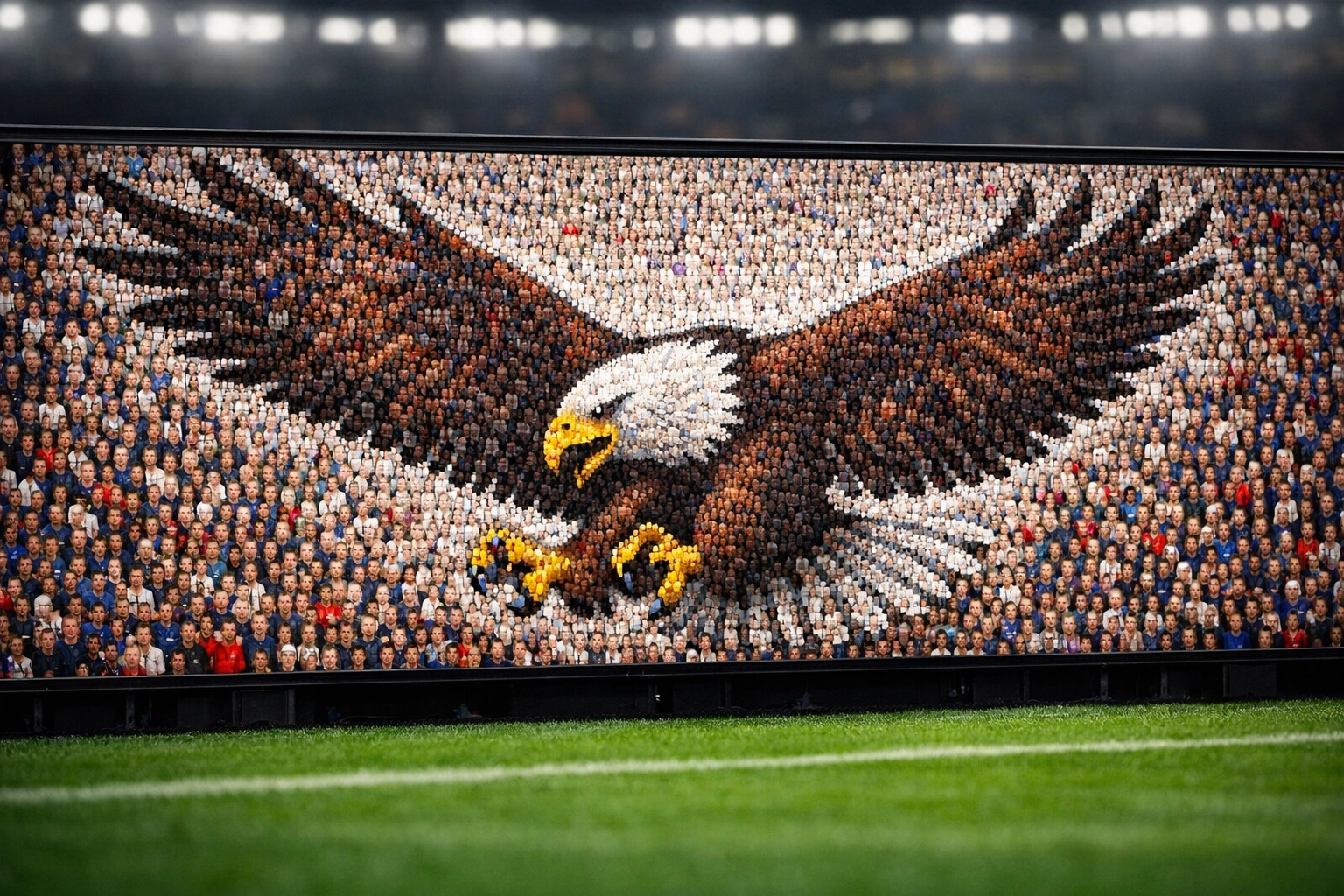 Digital perimeter board displaying a photo mosaic of fans for community engagement.