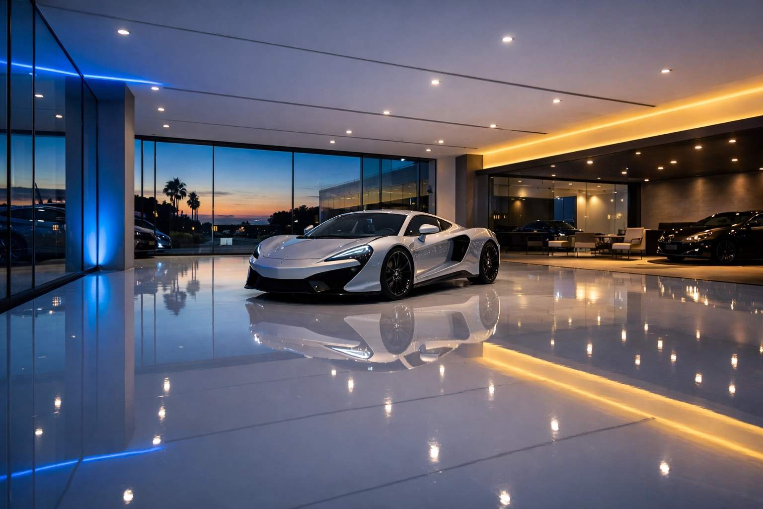 Polished epoxy floor in a Saugus luxury car showroom reflecting a high-end vehicle.