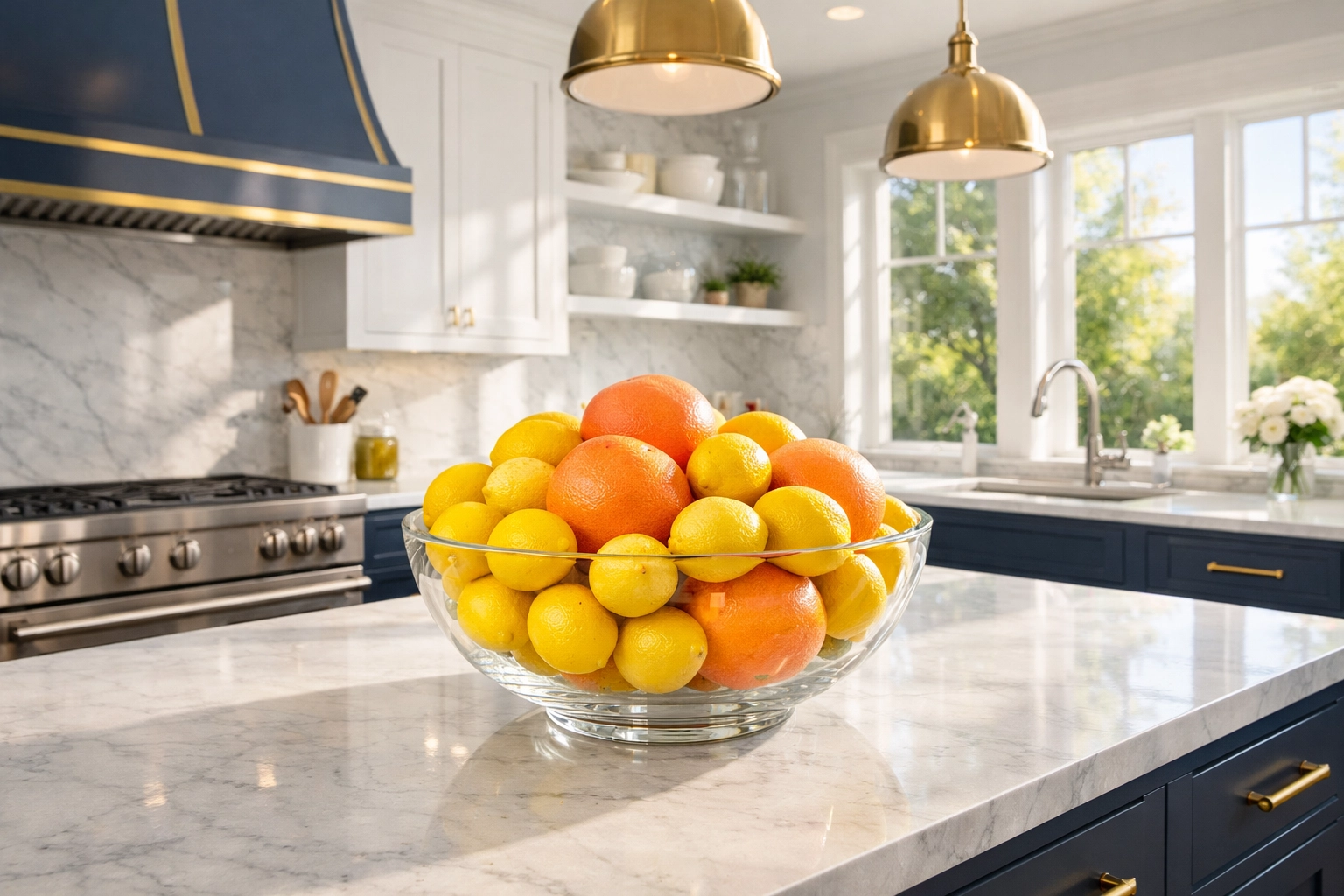 Bright kitchen in Concord after house cleaning, featuring fresh citrus for a natural energy boost.