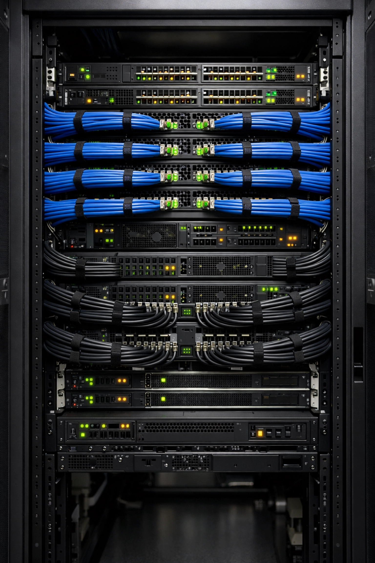 Organised server rack with professional ethernet cable management for security hardware reliability.