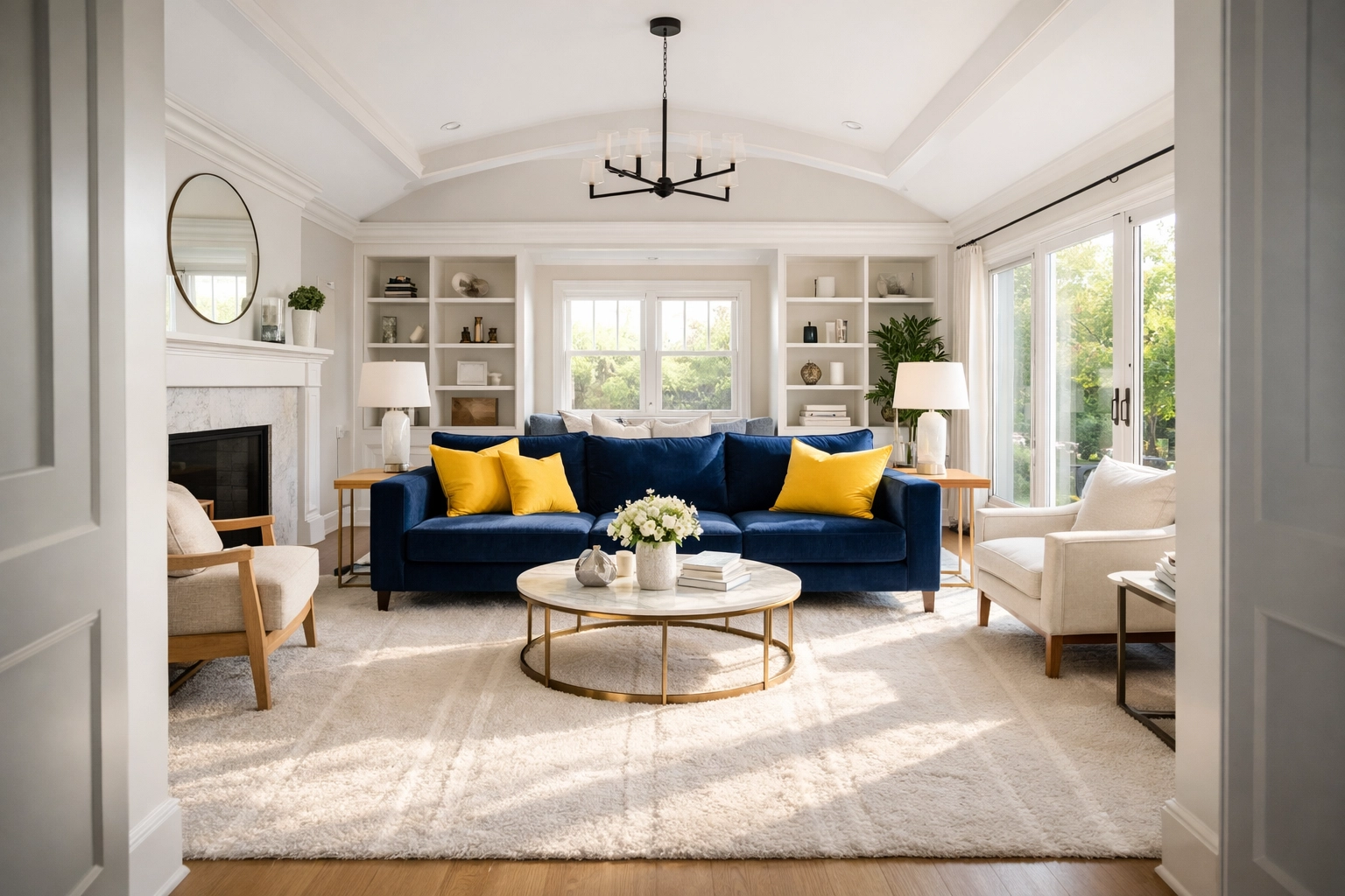 A perfectly organized living room in Newton MA with fresh vacuum lines and dusted surfaces.