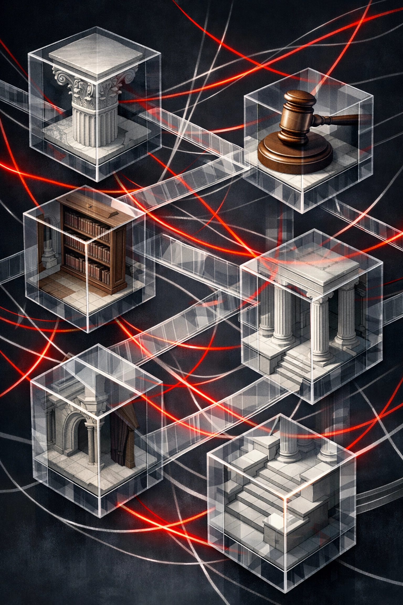 Floating cubes of government architecture depicting the complexity of fragmented financial oversight.