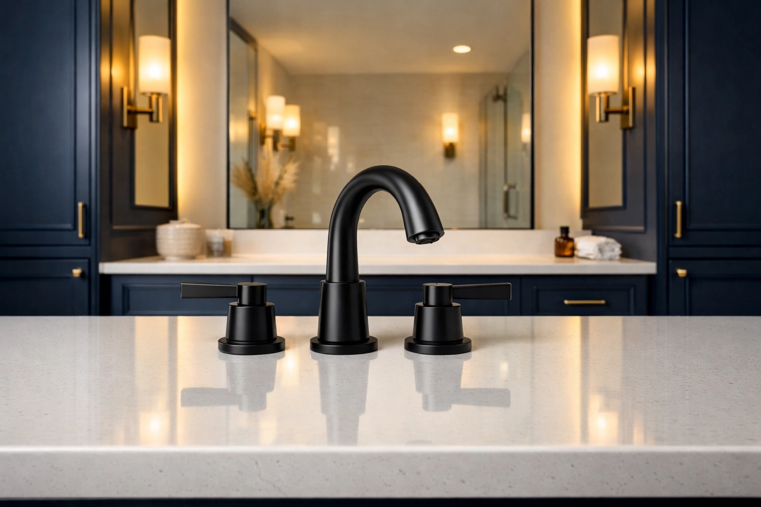 Sleek matte black faucet on a luxury bathroom vanity highlighting professional-grade cleaning results.