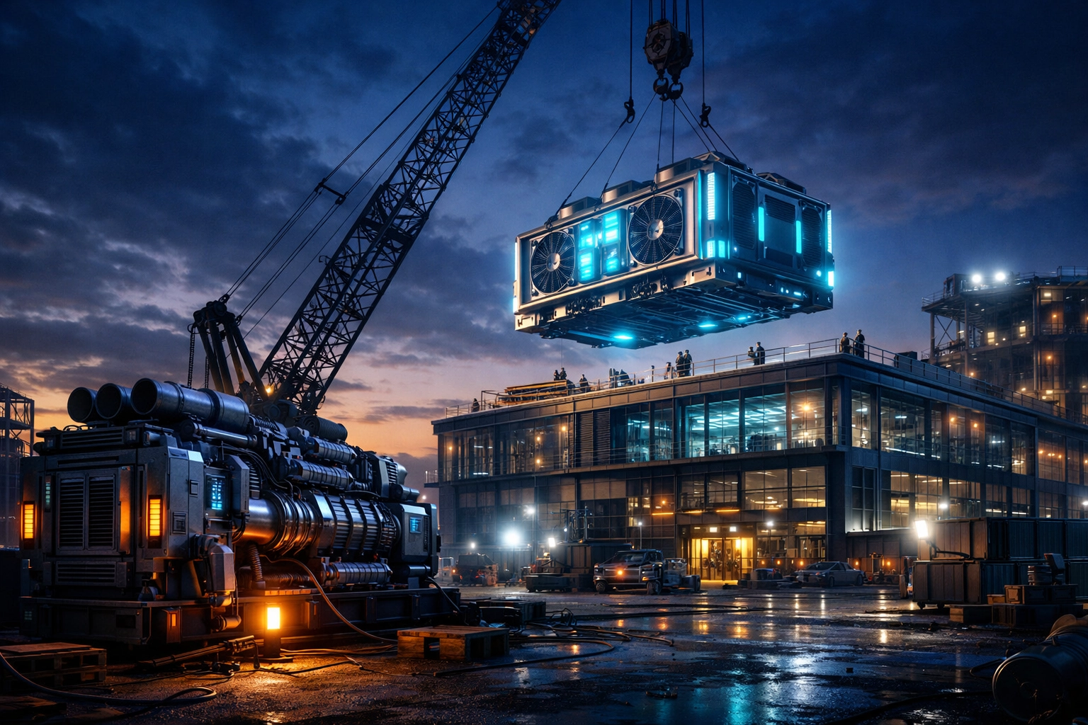 Construction of a data center using heavy machinery and industrial generators funded by equipment financing.