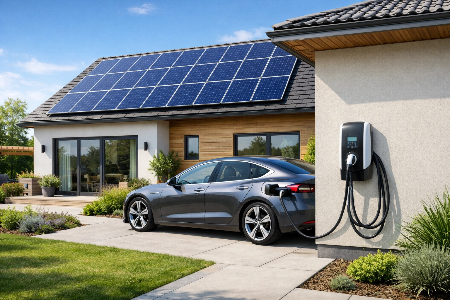 Sustainable home with solar panels and EV charger promoting energy independence.