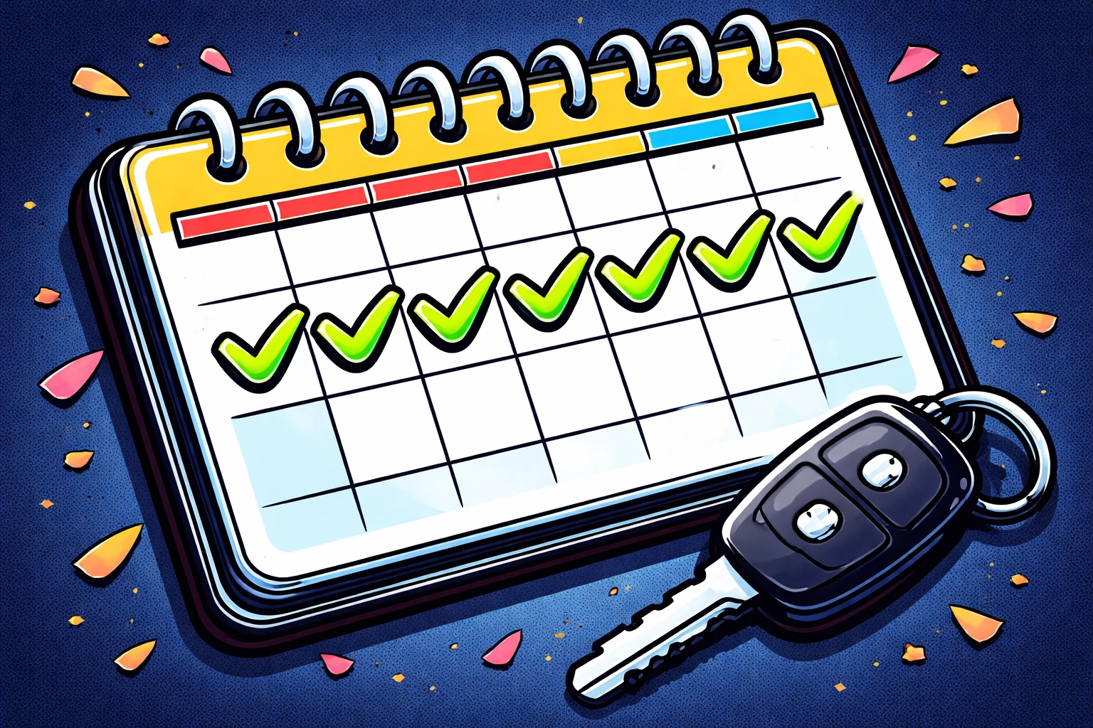 Calendar with checkmarks and a car key highlights the importance of on-time used car loan payments for credit improvement.