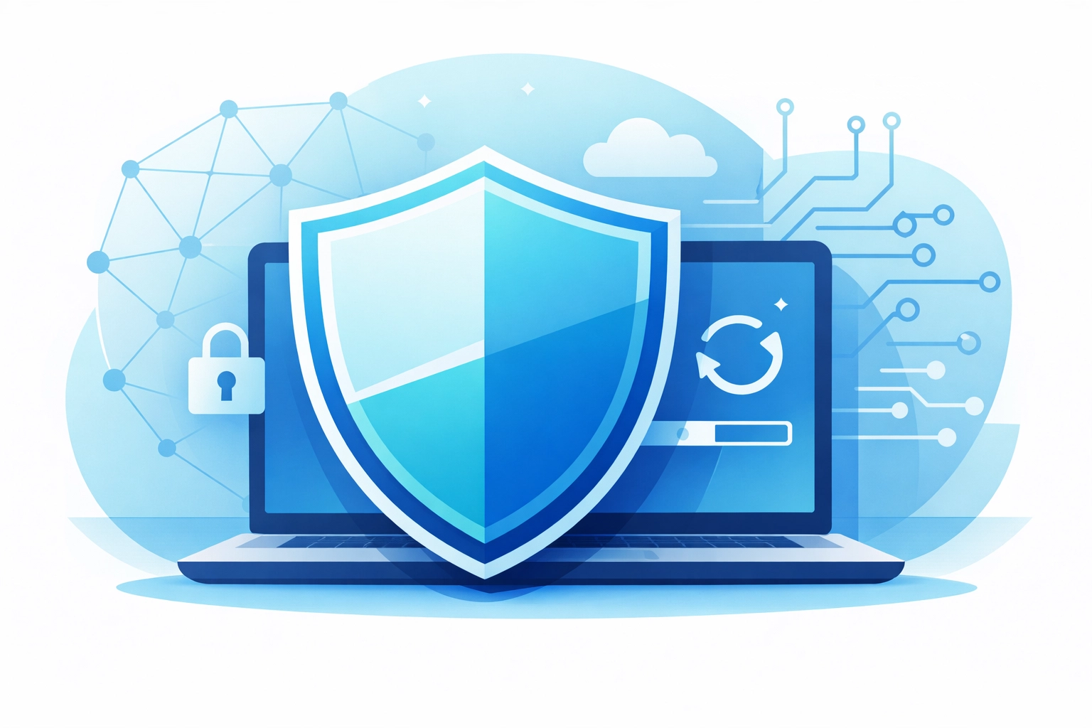 A protective shield over a laptop screen representing software security updates for Sarasota computer users.