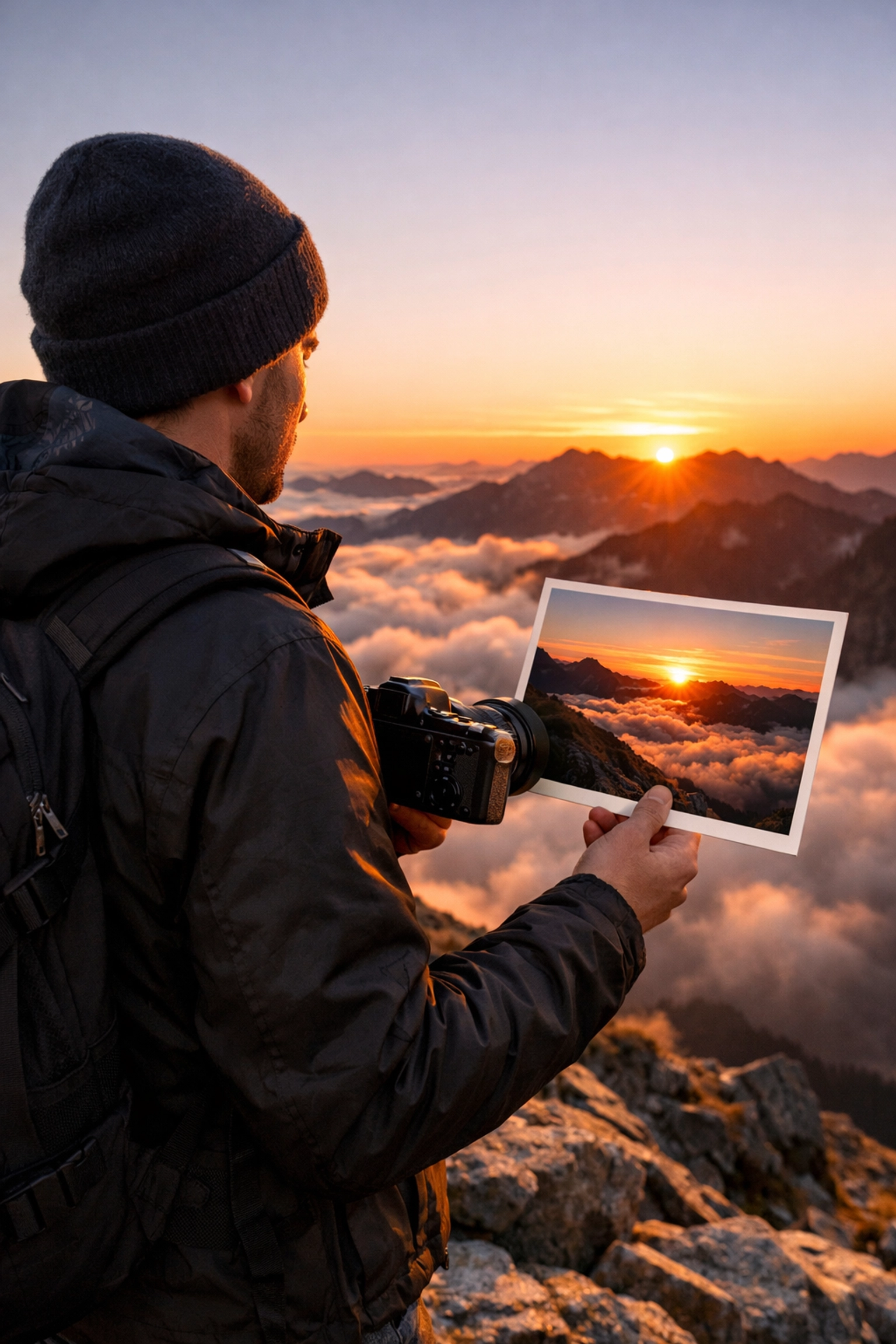 Photographer comparing a physical print to a digital capture, highlighting the latest photography news on tangible art.