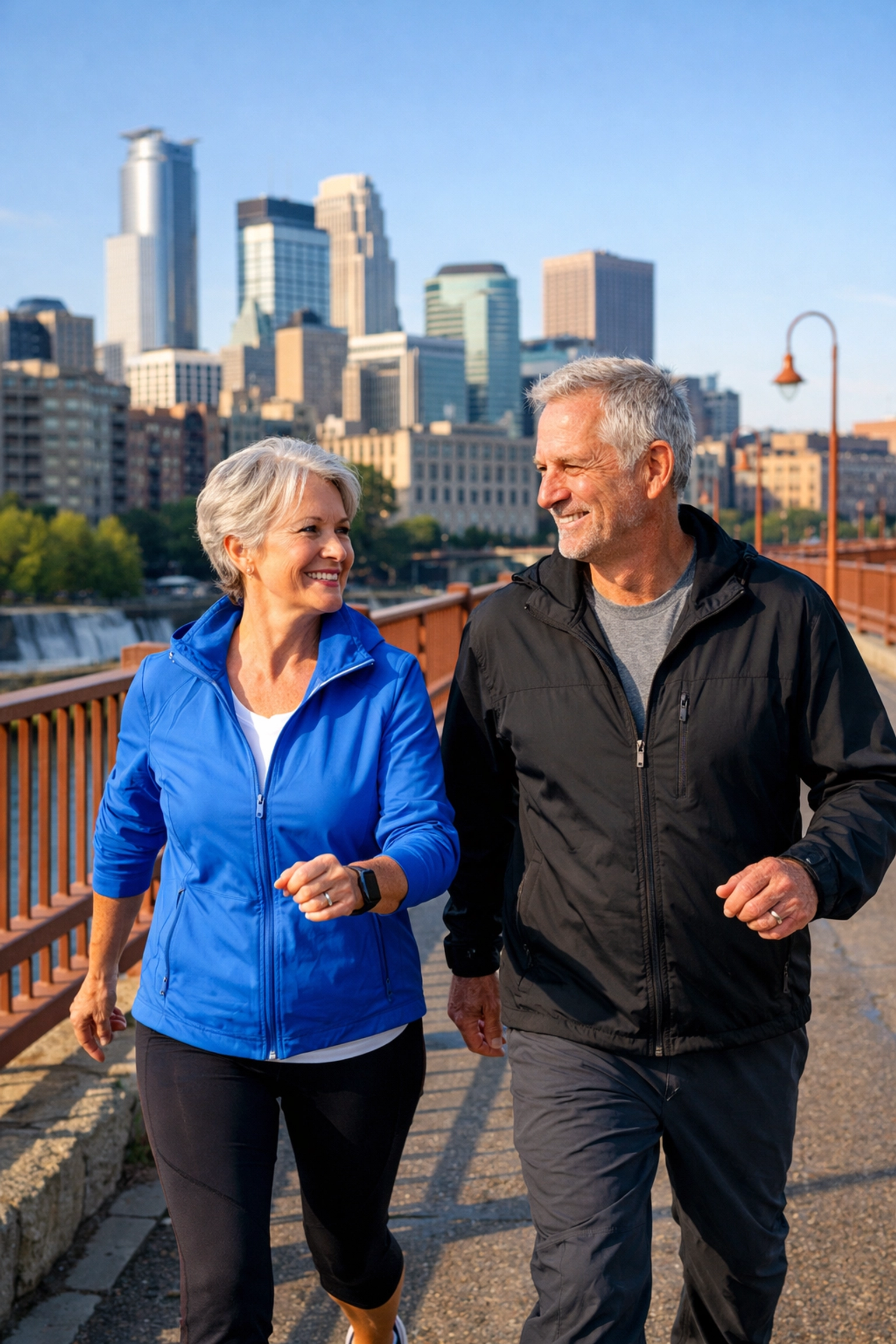 Healthy couple walking near Minneapolis skyline, exploring local Medicare Supplement plans.