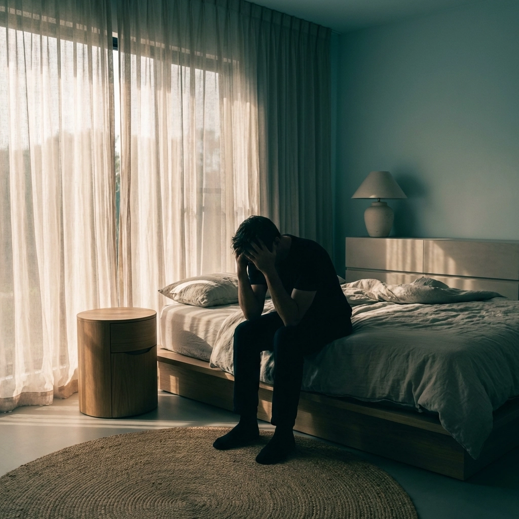 A person reflecting in a quiet, safe space, representing the internal process of recognizing signs of burnout.