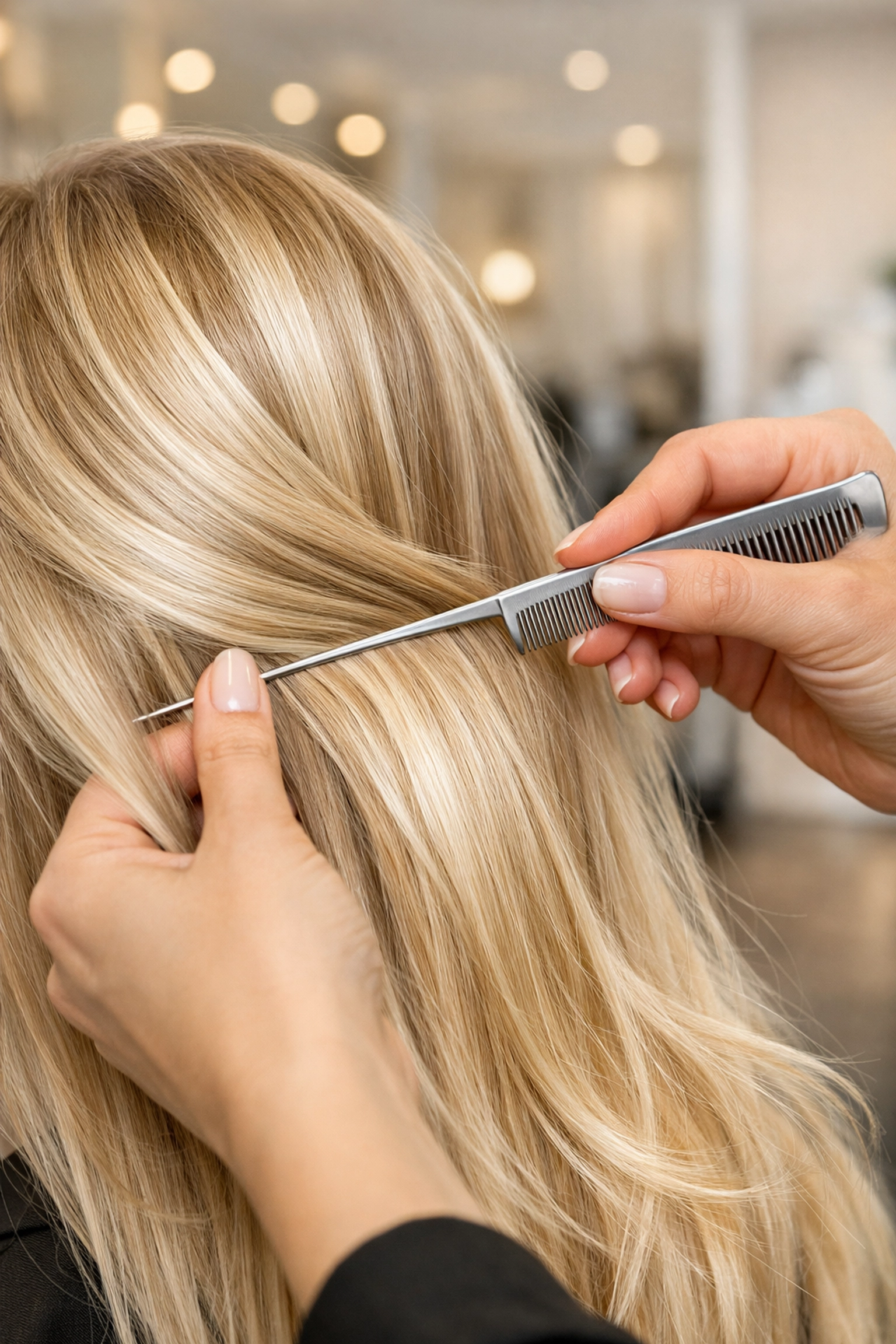 Professional stylist in Concord NH creating a multidimensional blonde hair transformation.